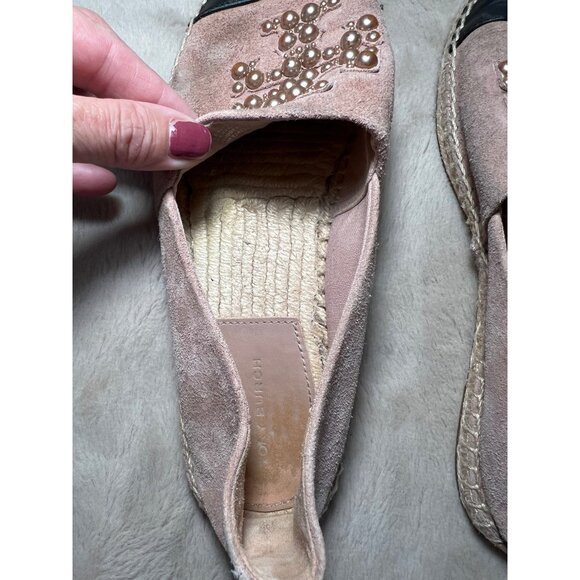 Tory Burch Pink Suede Espadrille Flats W/ Pearl Logo & Black Toe Cap - Picture 9 of 13